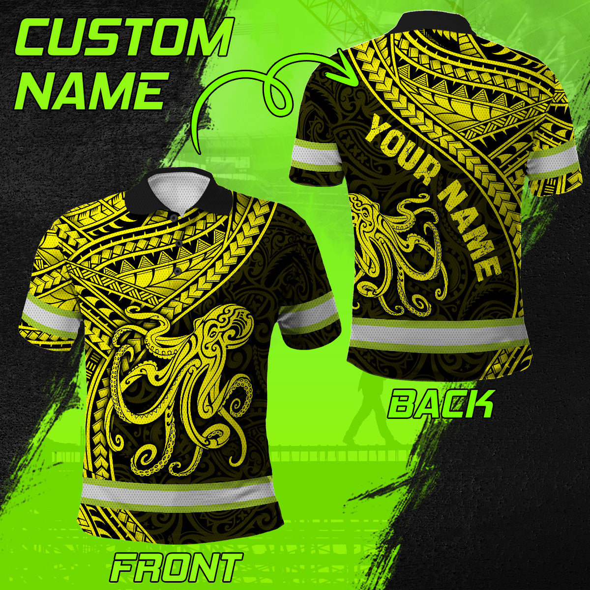 Hi Vis Polo Shirt Reflective Tapes Yellow Neon Hawaii Octopus