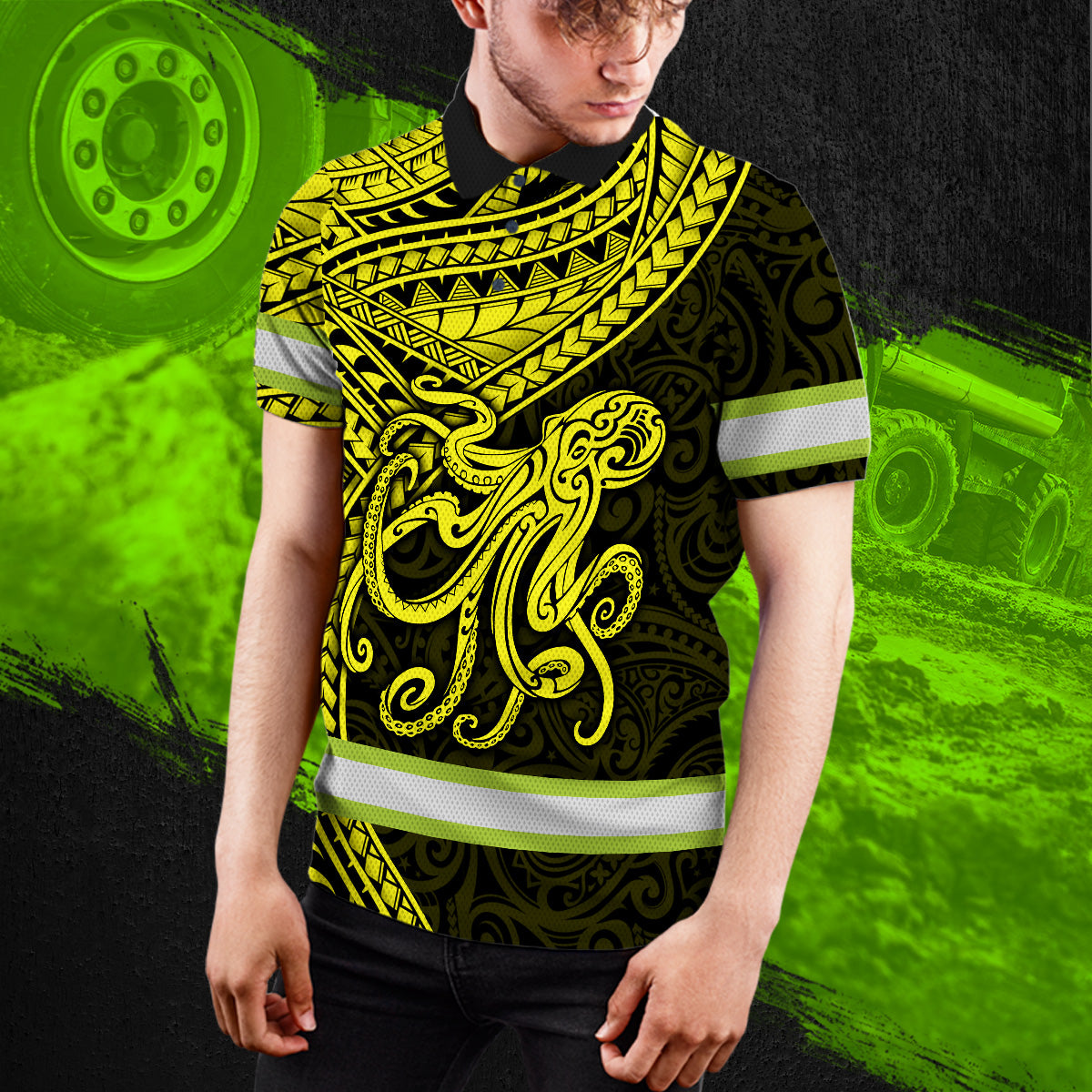 Hi Vis Polo Shirt Reflective Tapes Yellow Neon Hawaii Octopus