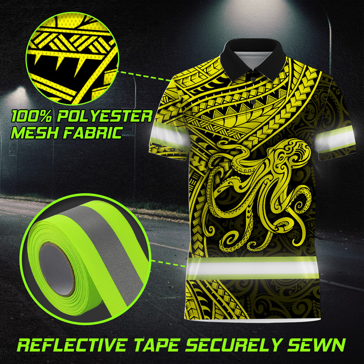 Hi Vis Polo Shirt Reflective Tapes Yellow Neon Hawaii Octopus