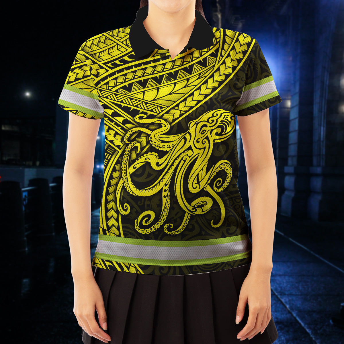 Hi Vis Polo Shirt Reflective Tapes Yellow Neon Hawaii Octopus