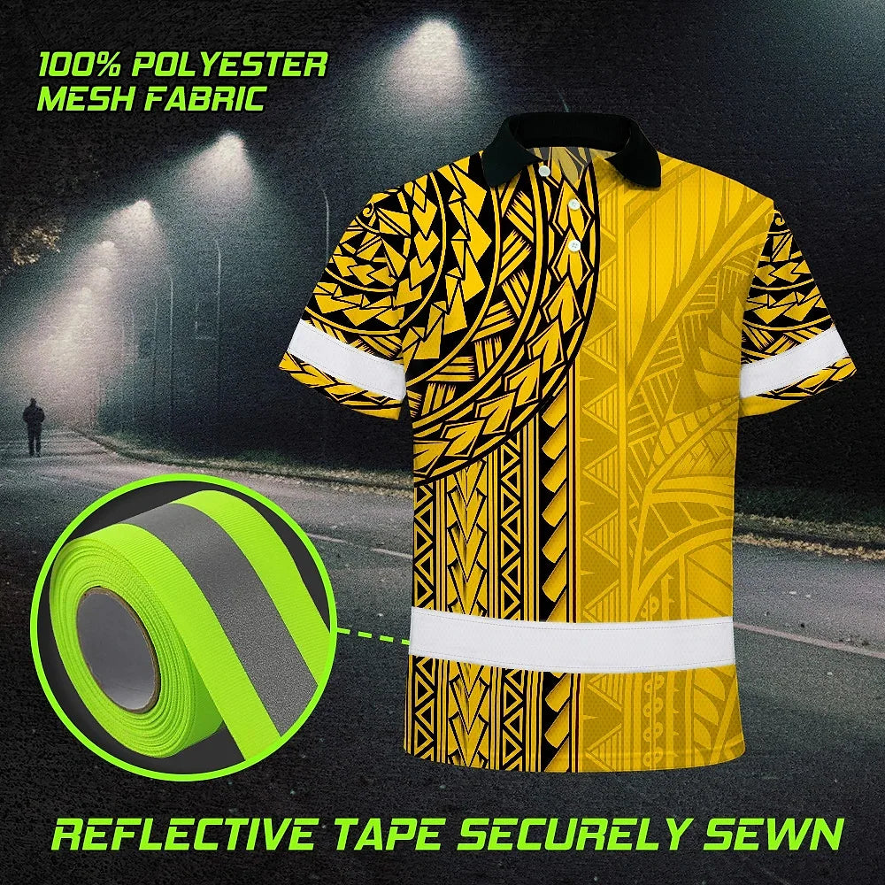 Hi Vis Polo Shirt Reflective Tapes Yellow Polynesian Custom Name Safety Workwear For Workers, Truckers, Operators