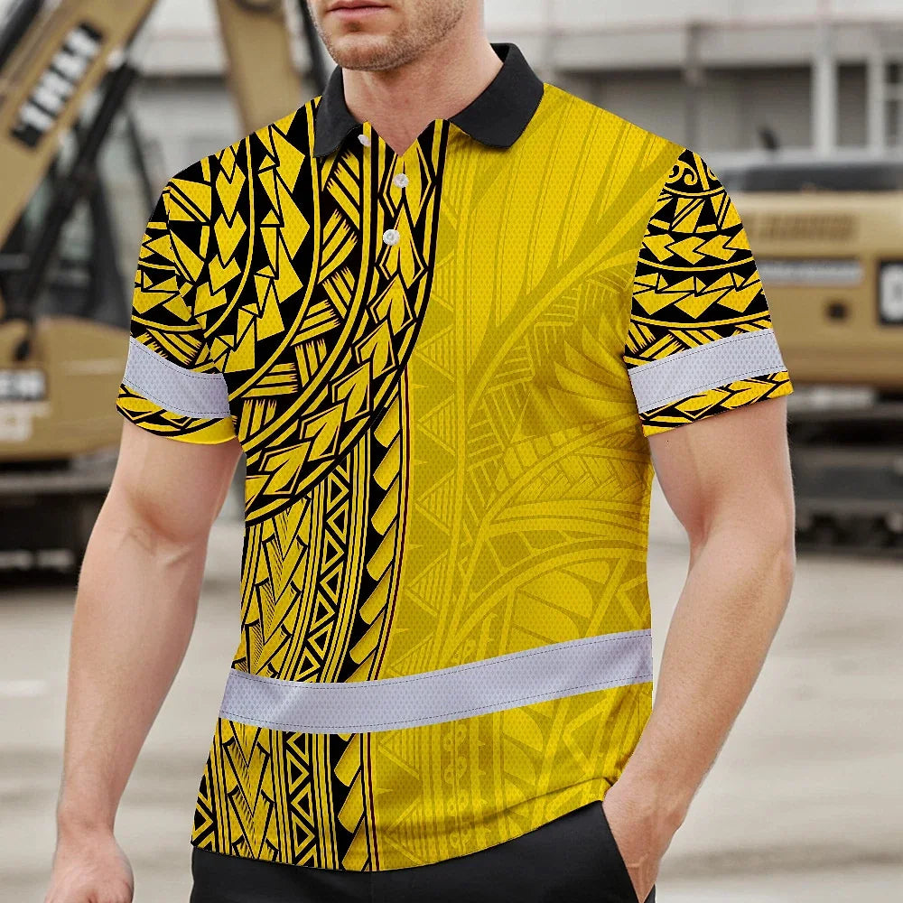 Hi Vis Polo Shirt Reflective Tapes Yellow Polynesian Custom Name Safety Workwear For Workers, Truckers, Operators