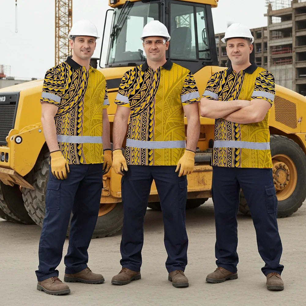Hi Vis Polo Shirt Reflective Tapes Yellow Polynesian Custom Name Safety Workwear For Workers, Truckers, Operators