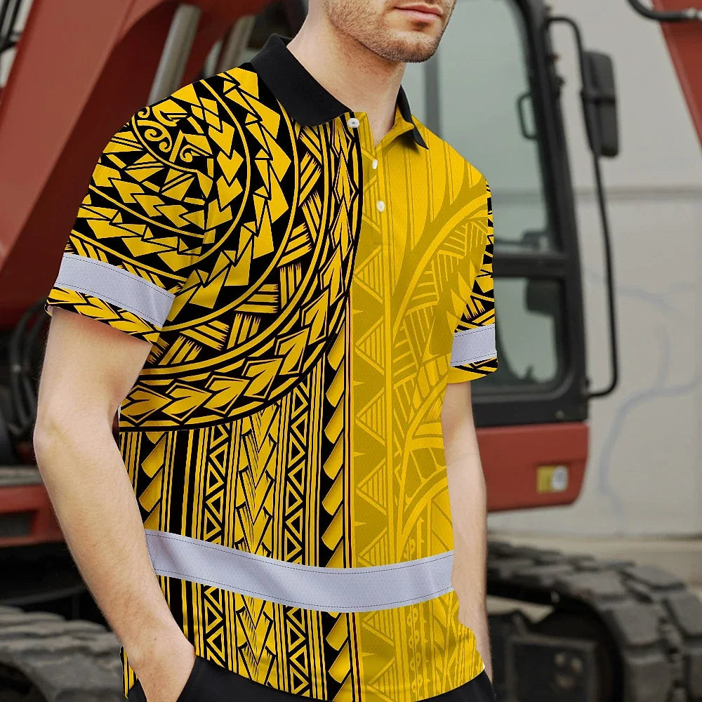 Hi Vis Polo Shirt Reflective Tapes Yellow Polynesian Custom Name Safety Workwear For Workers, Truckers, Operators