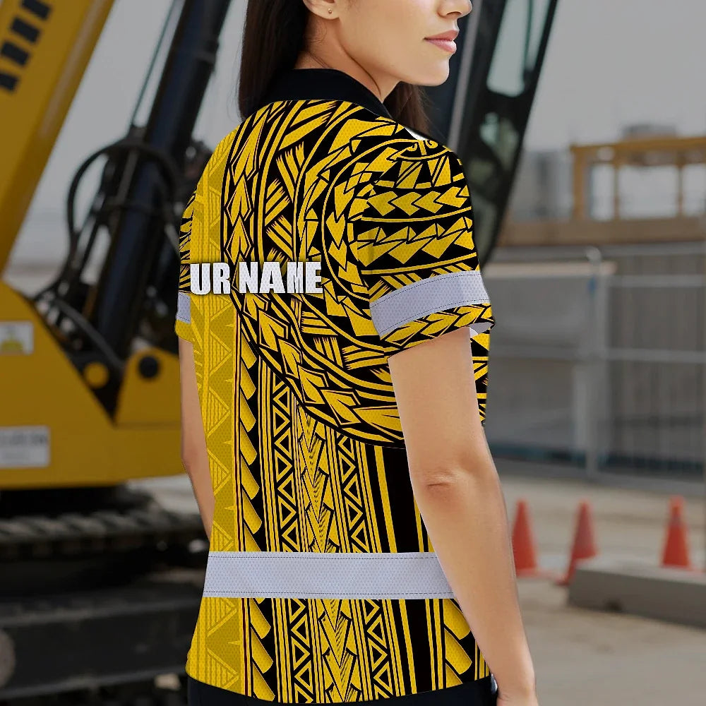 Hi Vis Polo Shirt Reflective Tapes Yellow Polynesian Custom Name Safety Workwear For Workers, Truckers, Operators