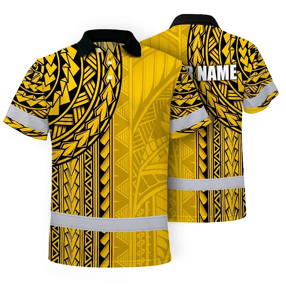 Hi Vis Polo Shirt Reflective Tapes Yellow Polynesian Custom Name Safety Workwear For Workers, Truckers, Operators