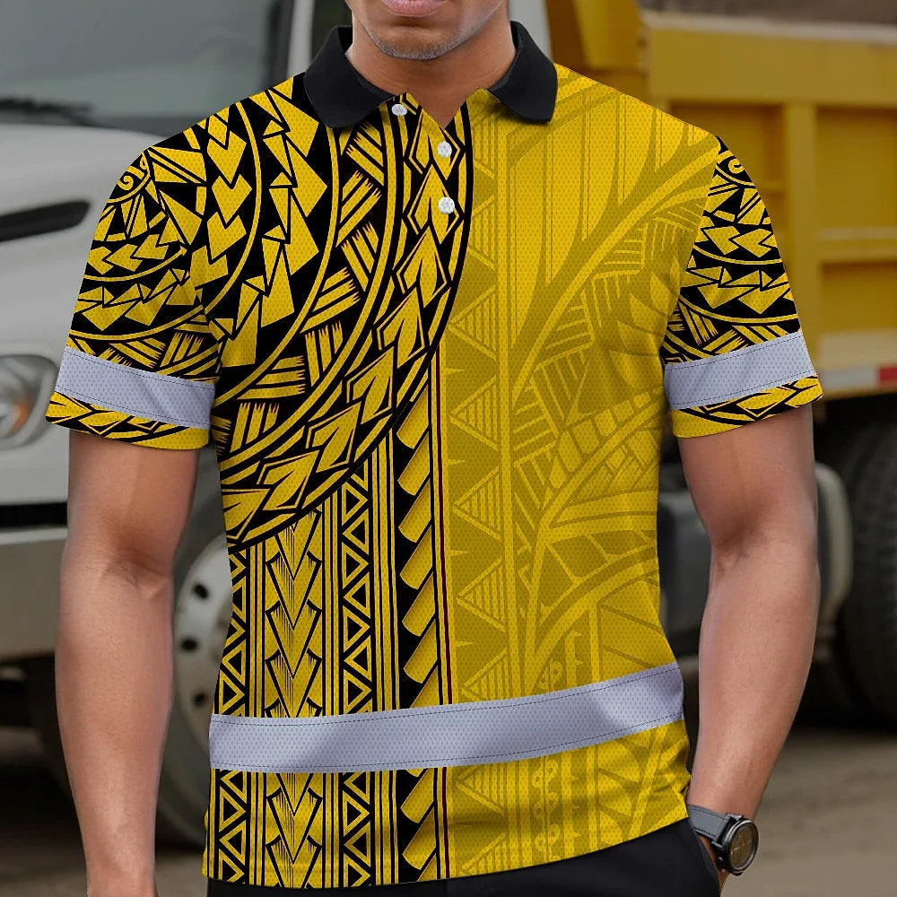 Hi Vis Polo Shirt Reflective Tapes Yellow Polynesian Custom Name Safety Workwear For Workers, Truckers, Operators