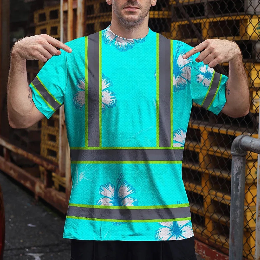 Hi Vis Shirt Reflective Tapes Blue Neon Custom Name Safety Workwear For Workers, Truckers, Operators