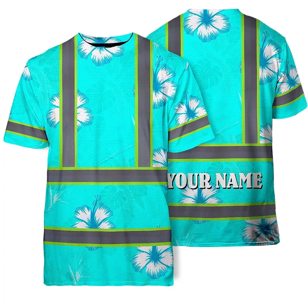 Hi Vis Shirt Reflective Tapes Blue Neon Custom Name Safety Workwear For Workers, Truckers, Operators