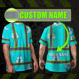 Hi Vis Shirt Reflective Tapes Blue Neon Custom Name Safety Workwear For Workers, Truckers, Operators