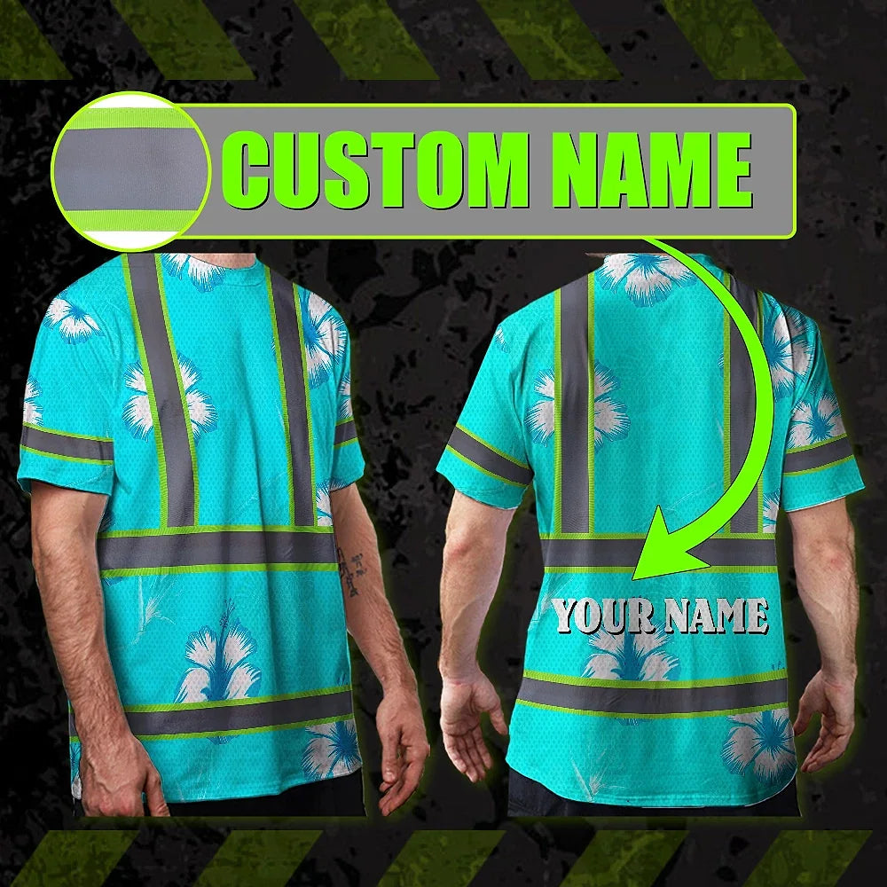 Hi Vis Shirt Reflective Tapes Blue Neon Custom Name Safety Workwear For Workers, Truckers, Operators