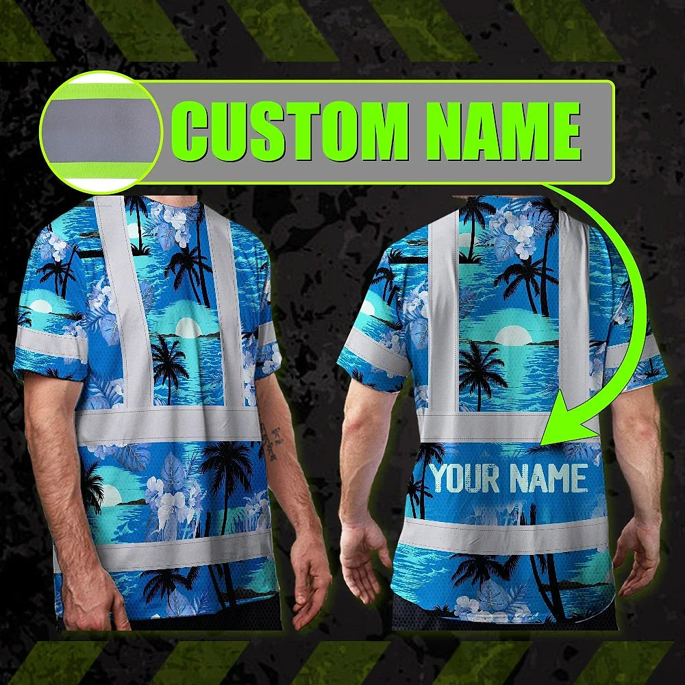 Hi Vis Shirt Reflective Tapes Blue Neon Flowers 4 Custom Name