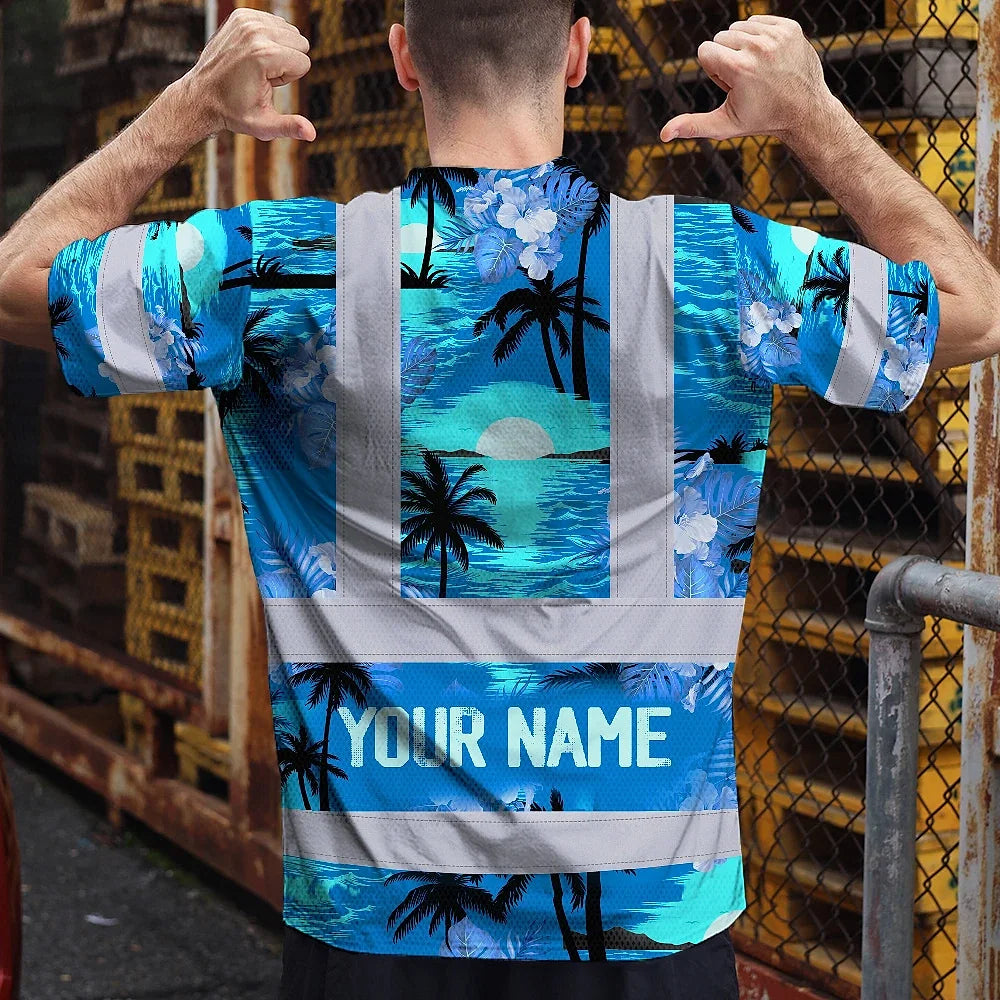 Hi Vis Shirt Reflective Tapes Blue Neon Flowers 4 Custom Name