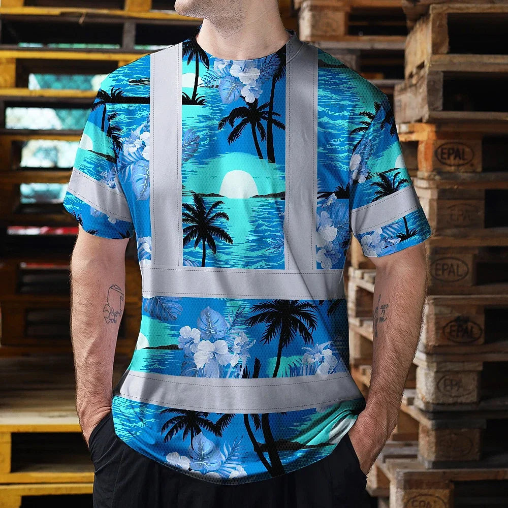 Hi Vis Shirt Reflective Tapes Blue Neon Flowers 4 Custom Name
