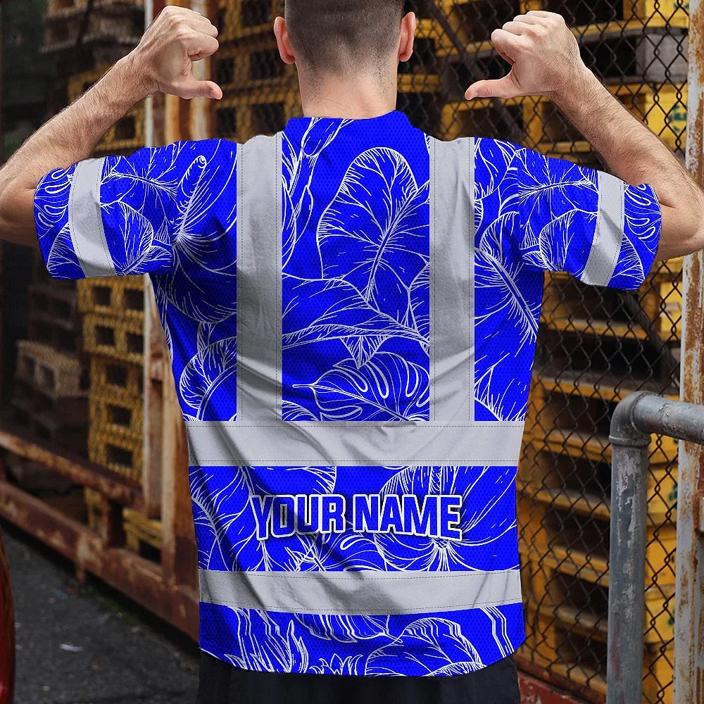 Hi Vis Shirt Reflective Tapes Blue Neon Flowers Custom Name Safety Workwear For Workers, Truckers, Operators