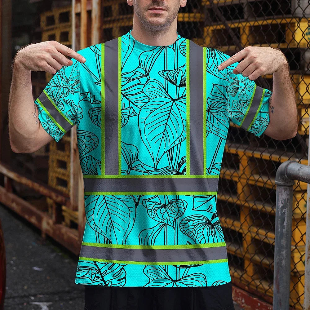 Hi Vis Shirt Reflective Tapes Blue Neon Flowers Custom Name Safety Workwear For Workers, Truckers, Operators