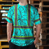 Hi Vis Shirt Reflective Tapes Blue Neon Flowers Custom Name Safety Workwear For Workers, Truckers, Operators