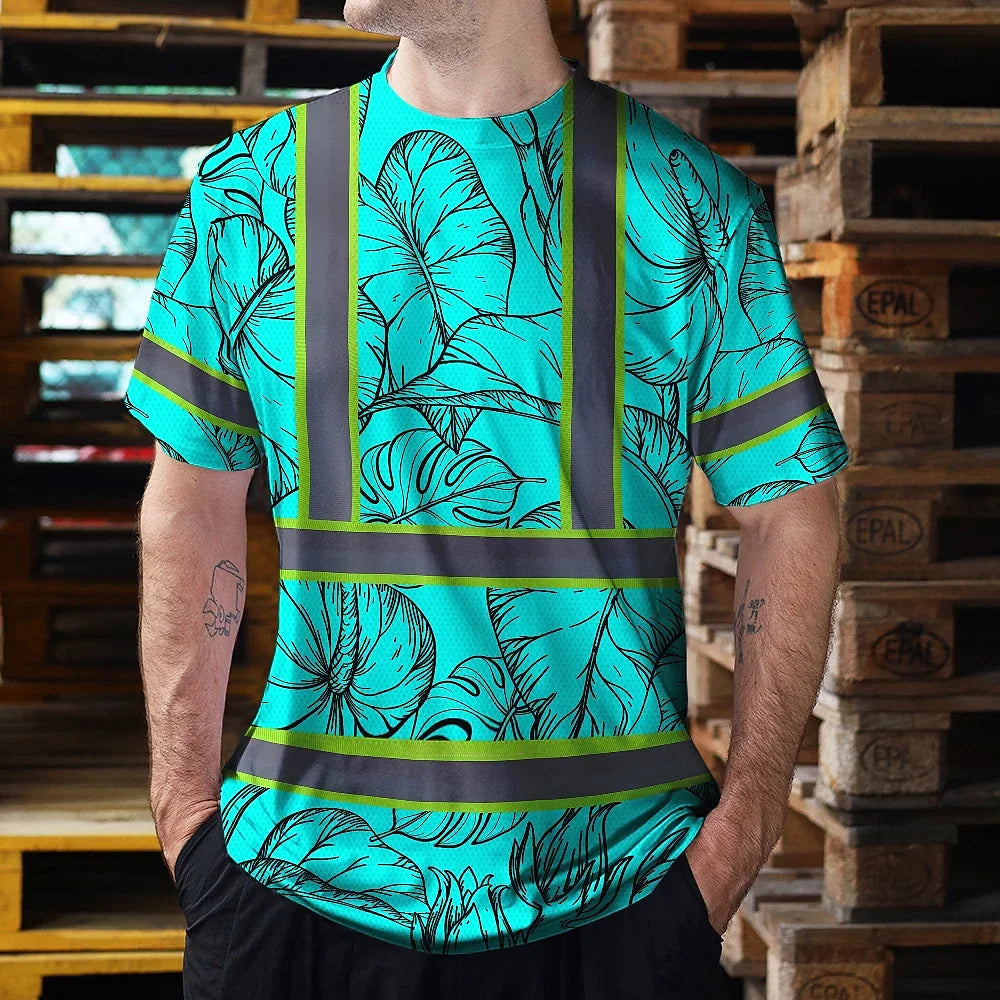 Hi Vis Shirt Reflective Tapes Blue Neon Flowers Custom Name Safety Workwear For Workers, Truckers, Operators