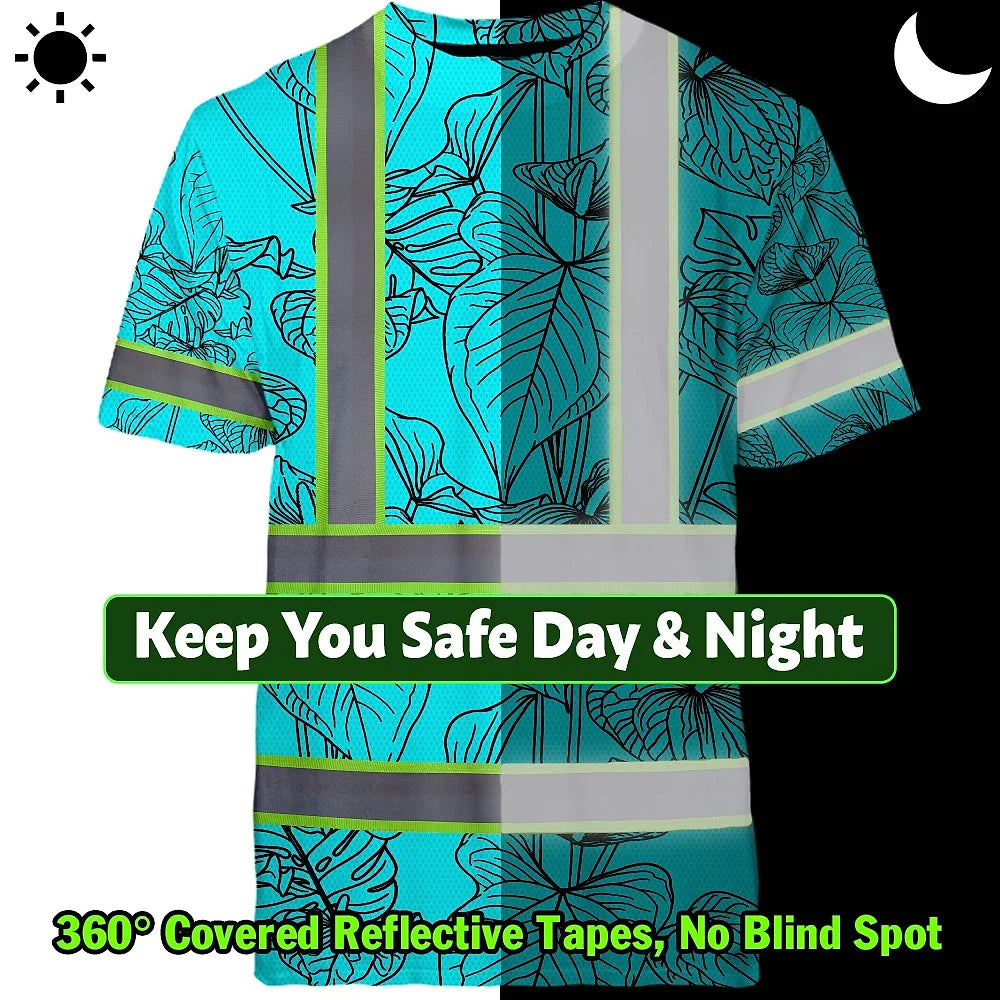 Hi Vis Shirt Reflective Tapes Blue Neon Flowers Custom Name Safety Workwear For Workers, Truckers, Operators