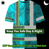 Hi Vis Shirt Reflective Tapes Blue Neon Flowers Custom Name Safety Workwear For Workers, Truckers, Operators