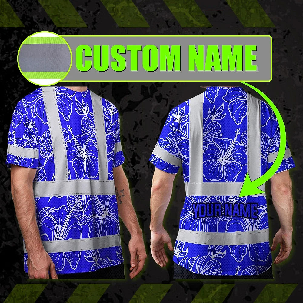 Hi Vis Shirt Reflective Tapes Blue Neon Flowers Custom Name Safety Workwear For Workers, Truckers, Operators