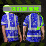 Hi Vis Shirt Reflective Tapes Blue Neon Flowers Custom Name Safety Workwear For Workers, Truckers, Operators