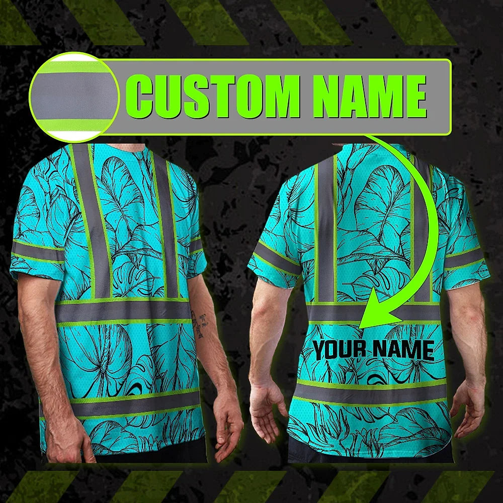 Hi Vis Shirt Reflective Tapes Blue Neon Flowers Custom Name Safety Workwear For Workers, Truckers, Operators