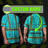 Hi Vis Shirt Reflective Tapes Blue Neon Flowers Custom Name Safety Workwear For Workers, Truckers, Operators