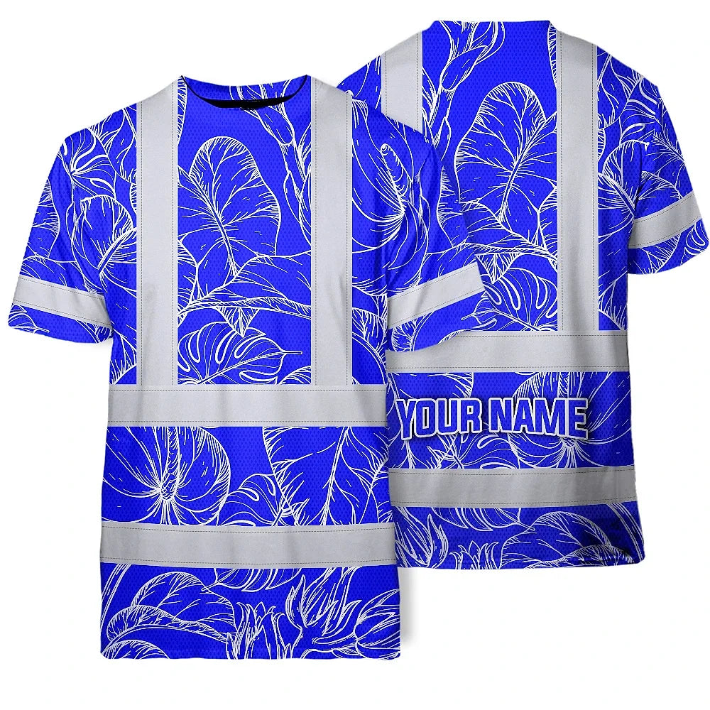 Hi Vis Shirt Reflective Tapes Blue Neon Flowers Custom Name Safety Workwear For Workers, Truckers, Operators