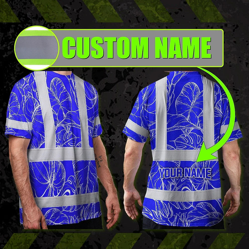 Hi Vis Shirt Reflective Tapes Blue Neon Flowers Custom Name Safety Workwear For Workers, Truckers, Operators