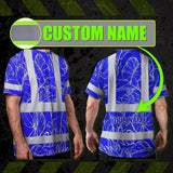 Hi Vis Shirt Reflective Tapes Blue Neon Flowers Custom Name Safety Workwear For Workers, Truckers, Operators