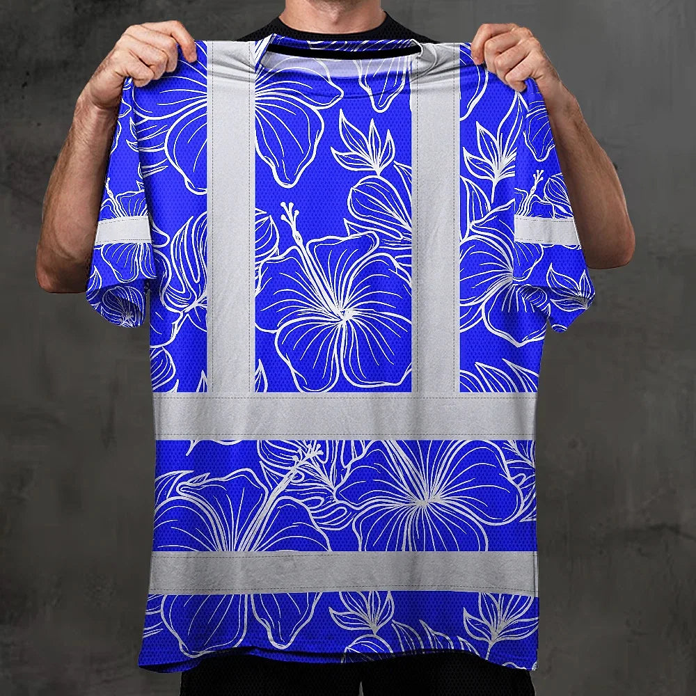 Hi Vis Shirt Reflective Tapes Blue Neon Flowers Custom Name Safety Workwear For Workers, Truckers, Operators