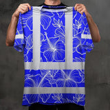 Hi Vis Shirt Reflective Tapes Blue Neon Flowers Custom Name Safety Workwear For Workers, Truckers, Operators