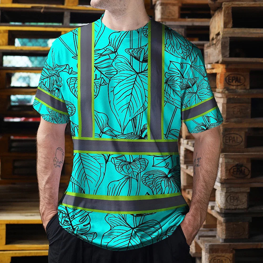 Hi Vis Shirt Reflective Tapes Blue Neon Flowers Custom Name Safety Workwear For Workers, Truckers, Operators