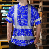 Hi Vis Shirt Reflective Tapes Blue Neon Flowers Custom Name Safety Workwear For Workers, Truckers, Operators