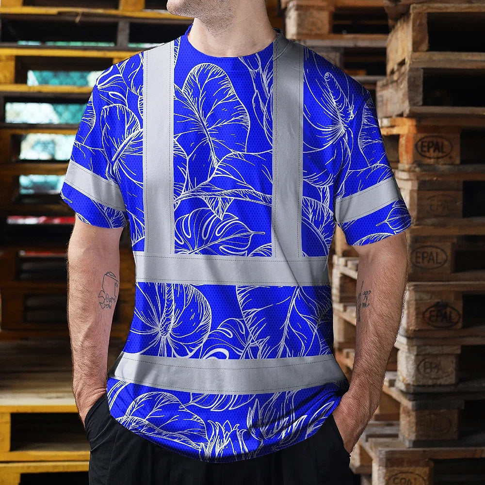 Hi Vis Shirt Reflective Tapes Blue Neon Flowers Custom Name Safety Workwear For Workers, Truckers, Operators
