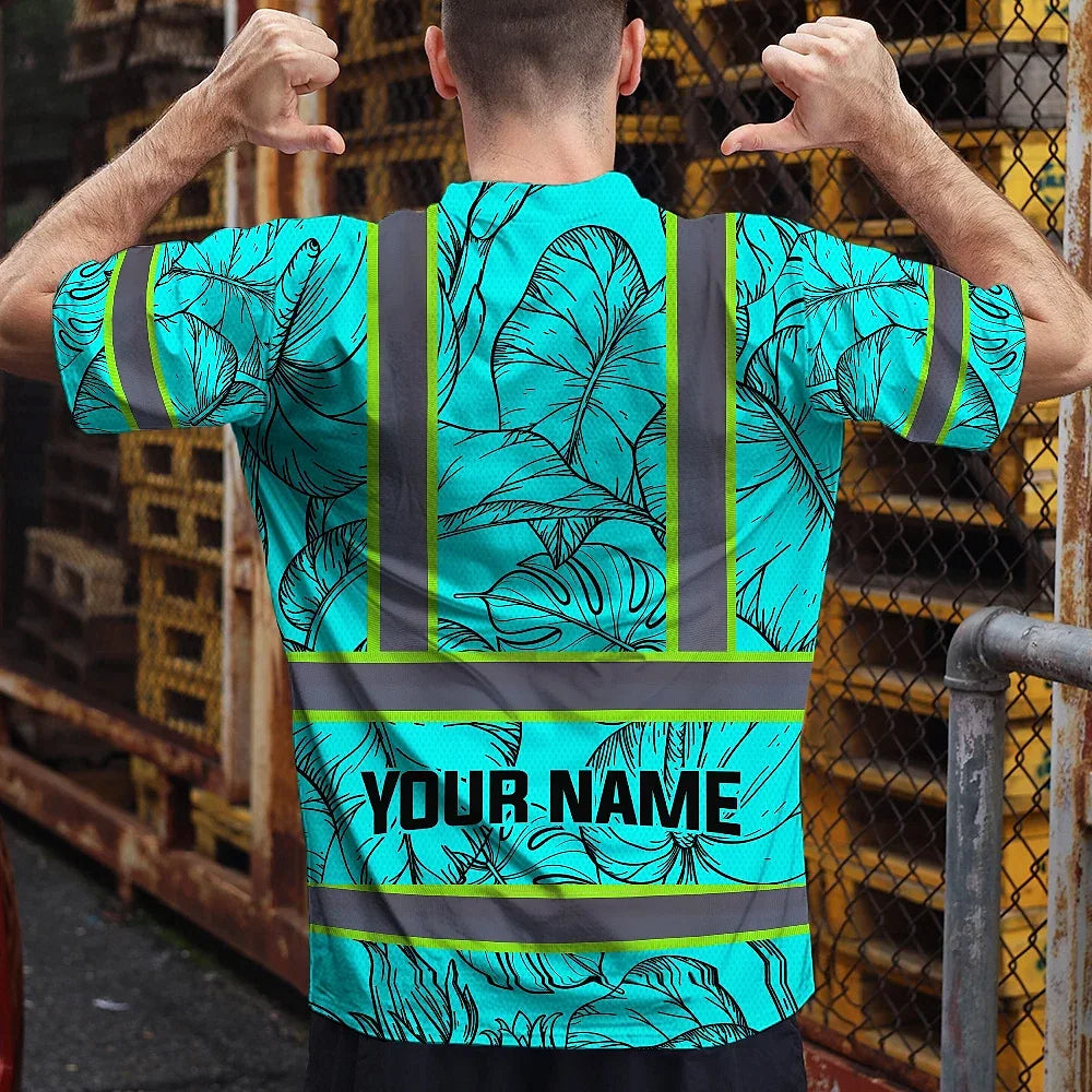 Hi Vis Shirt Reflective Tapes Blue Neon Flowers Custom Name Safety Workwear For Workers, Truckers, Operators