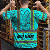 Hi Vis Shirt Reflective Tapes Blue Neon Flowers Custom Name Safety Workwear For Workers, Truckers, Operators