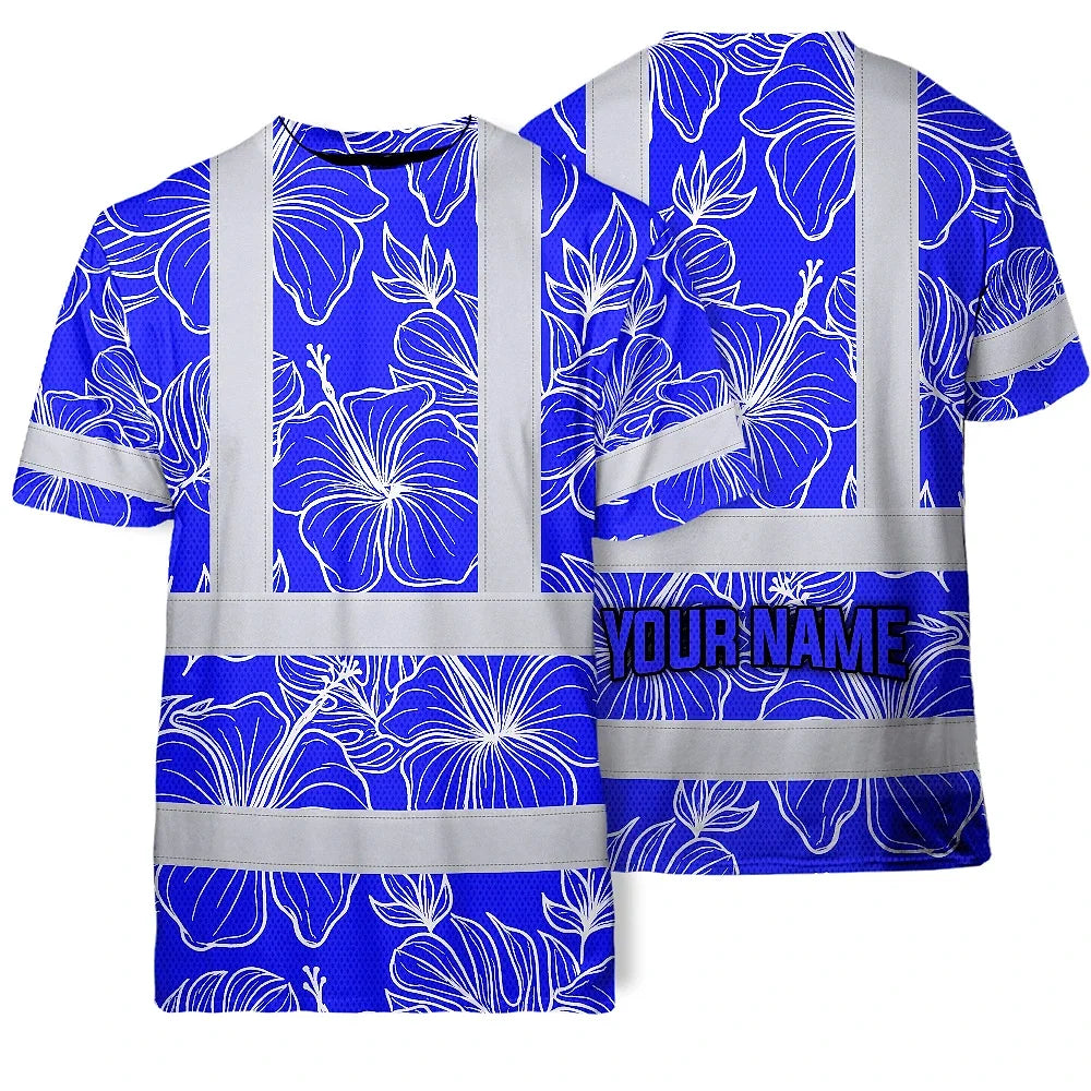Hi Vis Shirt Reflective Tapes Blue Neon Flowers Custom Name Safety Workwear For Workers, Truckers, Operators