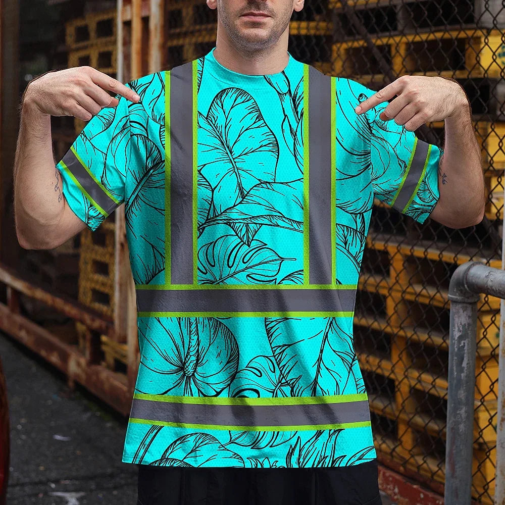 Hi Vis Shirt Reflective Tapes Blue Neon Flowers Custom Name Safety Workwear For Workers, Truckers, Operators