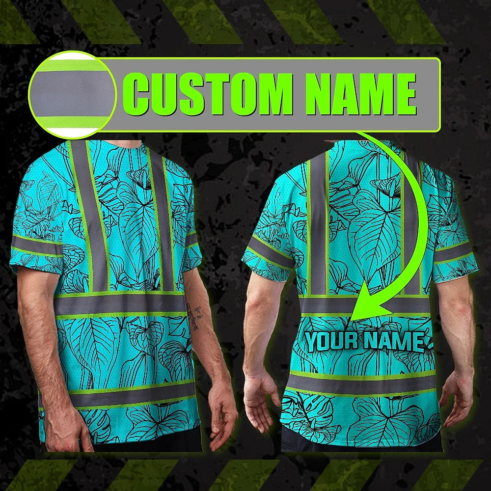 Hi Vis Shirt Reflective Tapes Blue Neon Flowers Custom Name Safety Workwear For Workers, Truckers, Operators