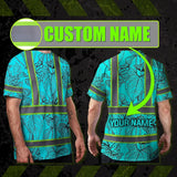 Hi Vis Shirt Reflective Tapes Blue Neon Flowers Custom Name Safety Workwear For Workers, Truckers, Operators