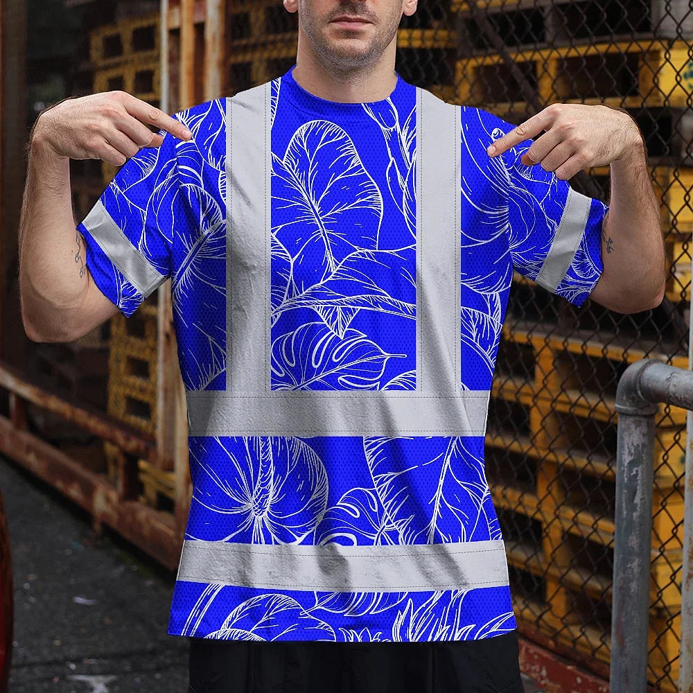 Hi Vis Shirt Reflective Tapes Blue Neon Flowers Custom Name Safety Workwear For Workers, Truckers, Operators