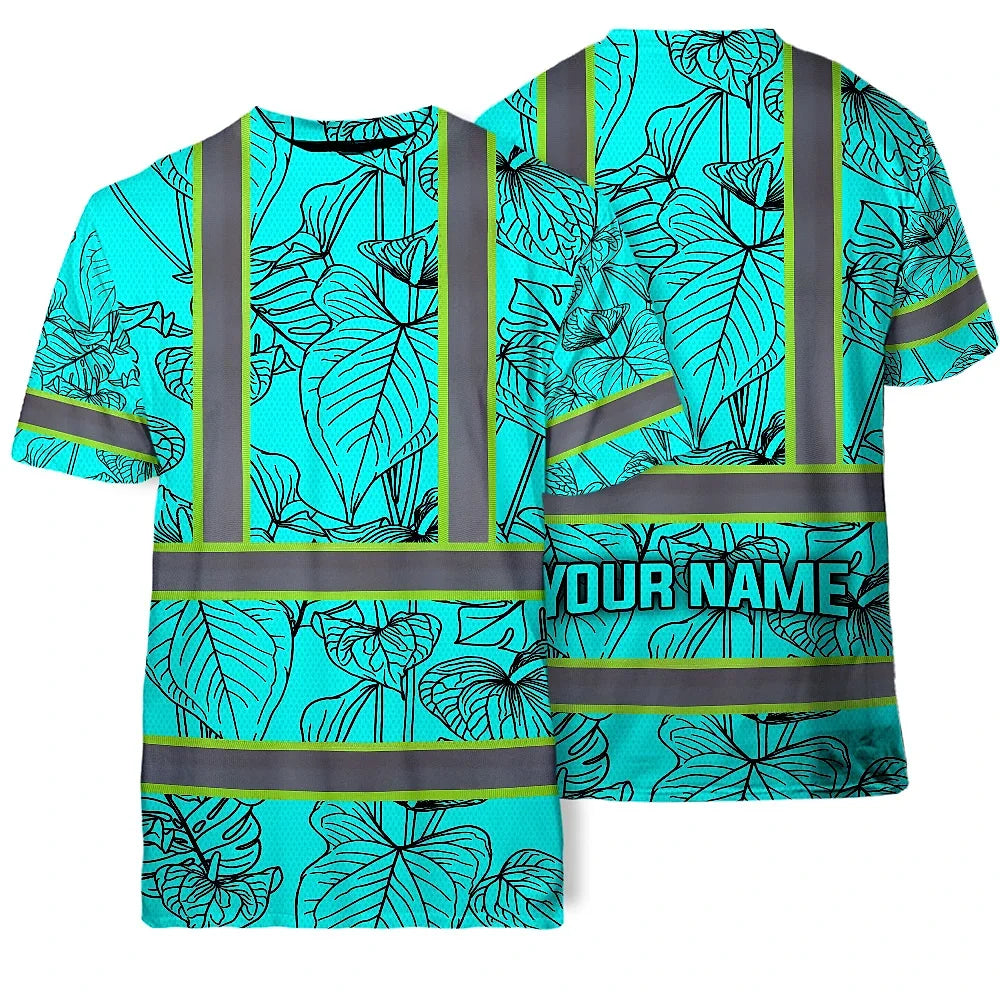 Hi Vis Shirt Reflective Tapes Blue Neon Flowers Custom Name Safety Workwear For Workers, Truckers, Operators