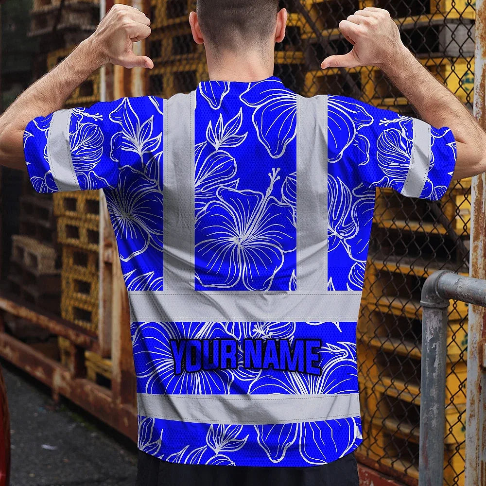 Hi Vis Shirt Reflective Tapes Blue Neon Flowers Custom Name Safety Workwear For Workers, Truckers, Operators