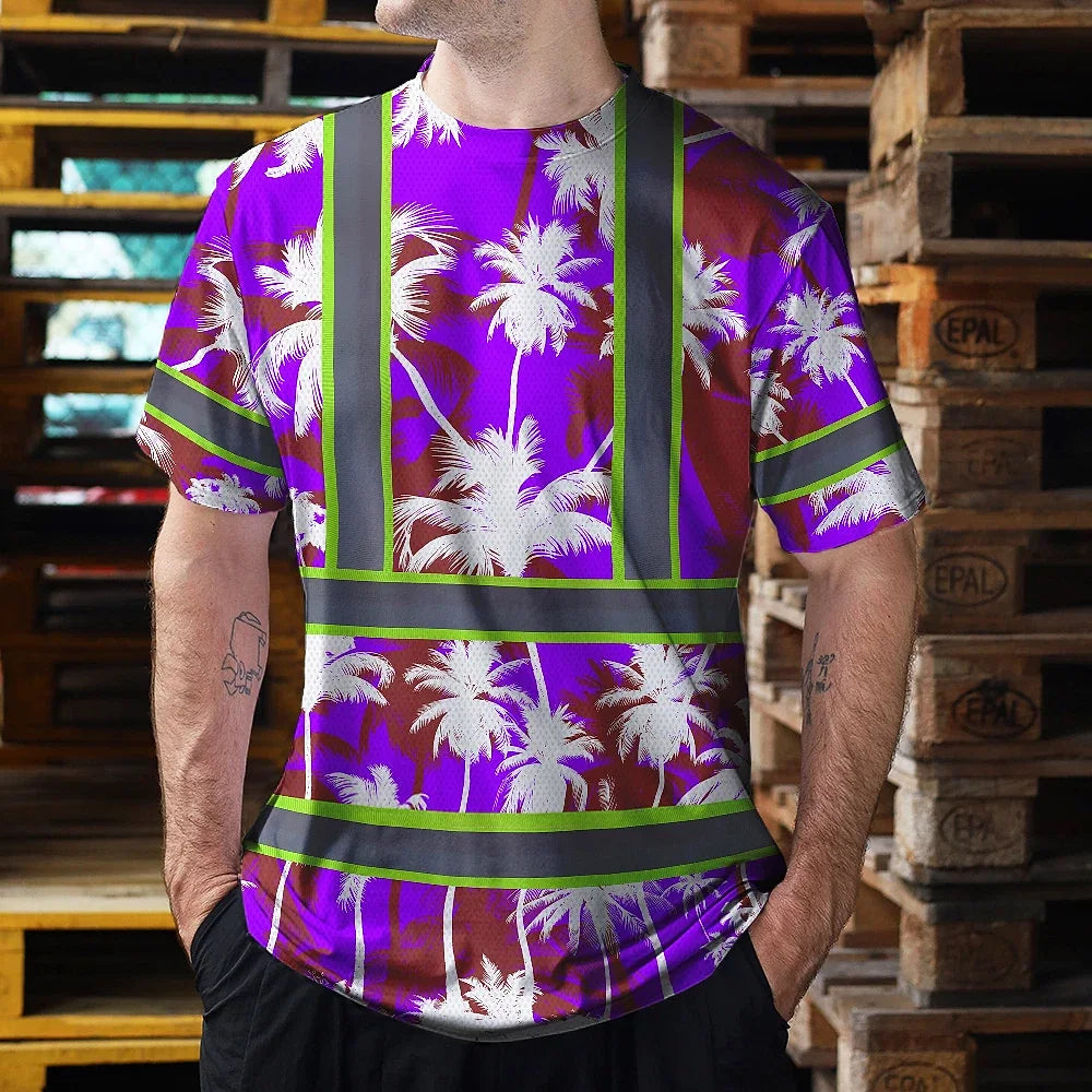 Hi Vis Shirt Reflective Tapes Blue Neon Flowers Custom Name Safety Workwear For Workers, Truckers, Operators