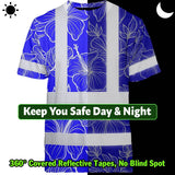 Hi Vis Shirt Reflective Tapes Blue Neon Flowers Custom Name Safety Workwear For Workers, Truckers, Operators