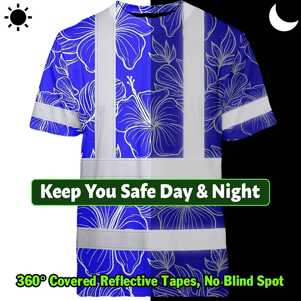 Hi Vis Shirt Reflective Tapes Blue Neon Flowers Custom Name Safety Workwear For Workers, Truckers, Operators