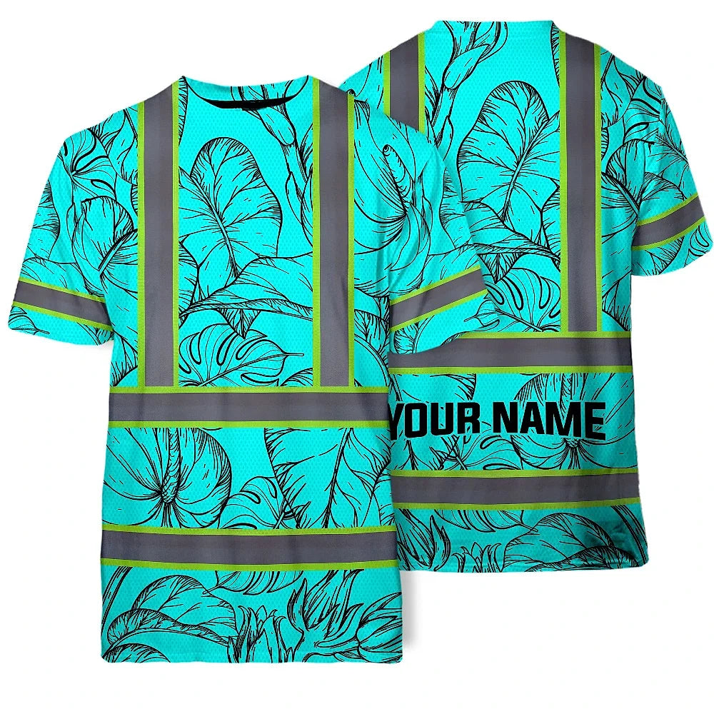 Hi Vis Shirt Reflective Tapes Blue Neon Flowers Custom Name Safety Workwear For Workers, Truckers, Operators