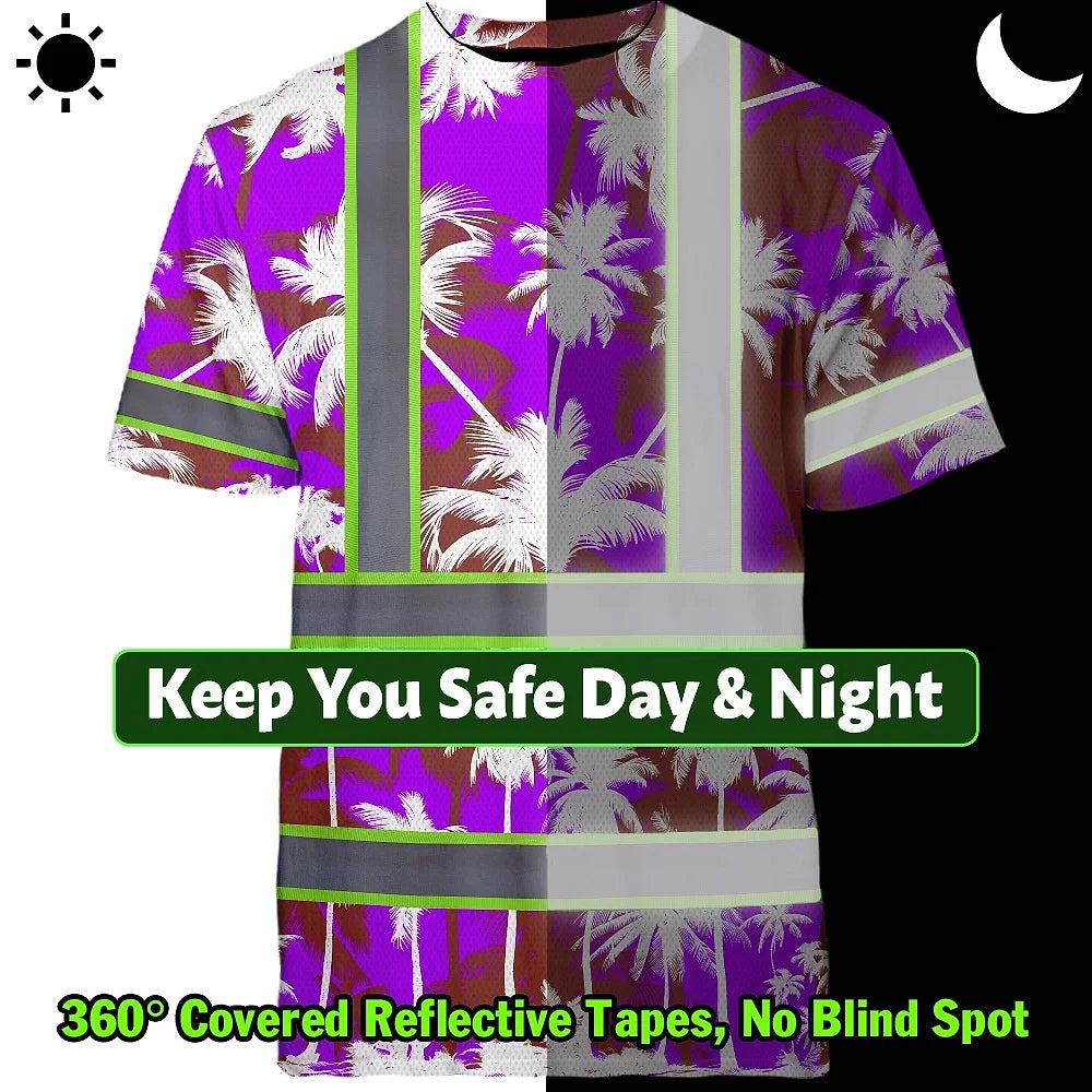 Hi Vis Shirt Reflective Tapes Blue Neon Flowers Custom Name Safety Workwear For Workers, Truckers, Operators